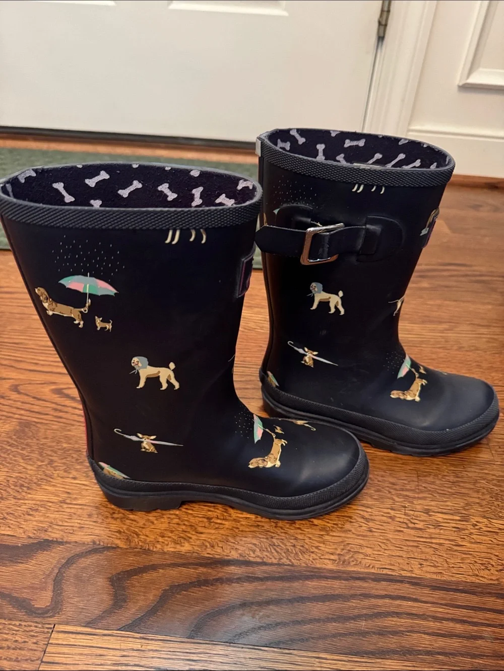 Joules Navy Kids Rain Boots with Dog and Pink Stripe